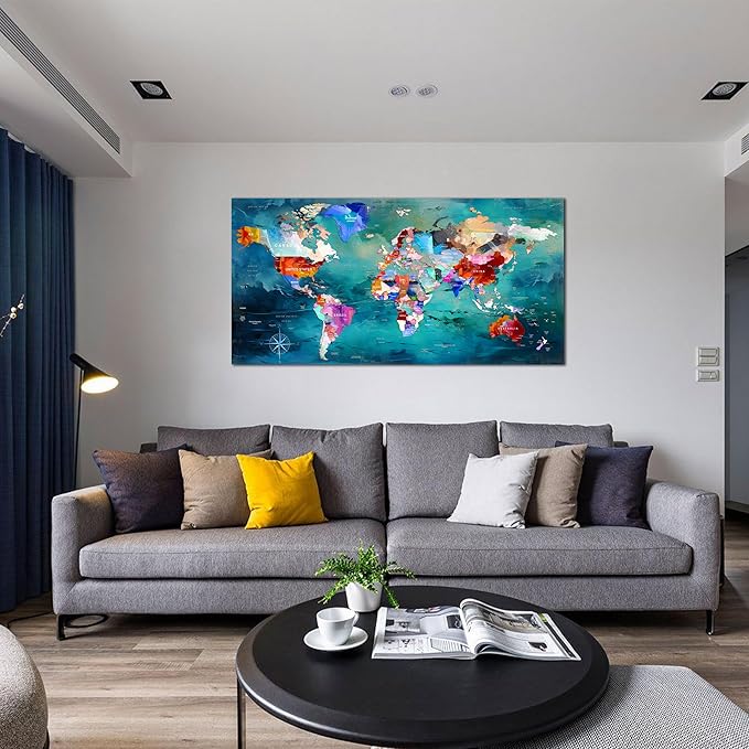 ZHAOSHOP World Map Canvas Wall Art for Living Room - Teal Wall Decor - Office Artwork Wall Decor Ready to Hang Size 29" x 59"