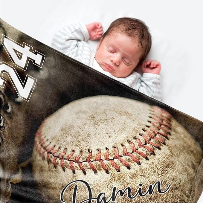 Personalized Baseball Blanket for Baby Boys and Girls - Soft and Fluffy Sport Blanket for Toddlers and Kids - Custom Name and Number Gift for Newborn(30"x40")