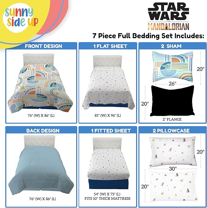 Sunny Side Up Kids Comforter Set Includes Sheets and Pillow Covers - Soft and Cozy Bed Set for Stylish Room Decor, Multicolor - The Mandalorian, 7 Piece Full Size Bedding