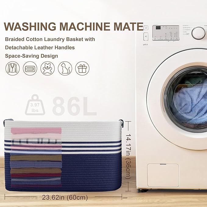 86L Extra Large Laundry Basket with Leather Handles for Living Room Storage, Woven Rope Baskets for Blanket, Kids Toy, Gifts, Wicker Hamper for Bedroom Dirty Clothes, 24"x16"x14" White Navy