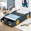 SOFTSEA Twin Car Shaped Bed Frame Modern Car-Shaped Platform Bed with Storage Headboard and Wheels, Wood Twin Platform Bed with Storage for Kids Boys, No Box Spring Needed, Blue+Yellow