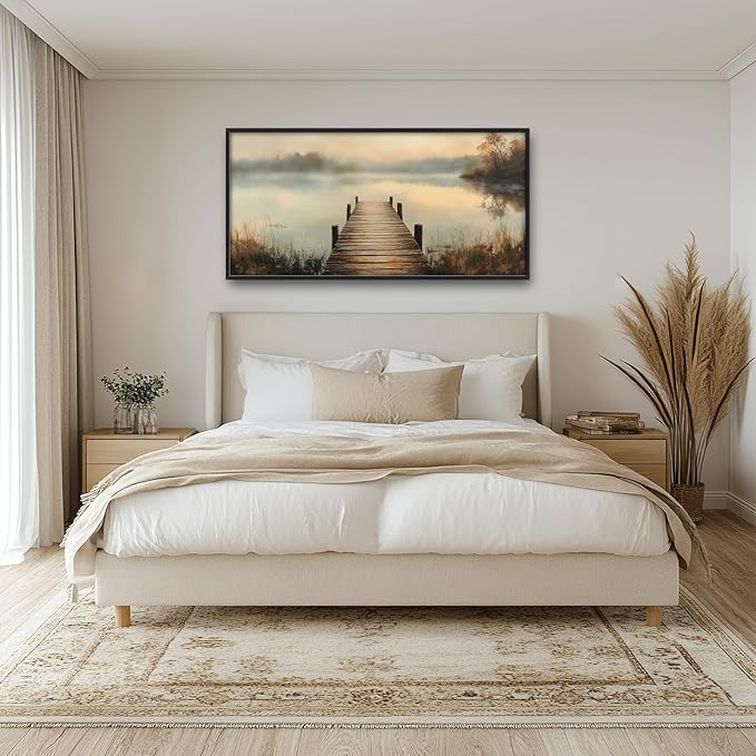 Olivine Large Wall Art, Retro Lake Pictures Wall Decor, Pier Painting, Nature Landscape Canvas Prints, Framed Artwork for Bathroom Bedroom Living Room Office Home Decoration 60"x30"