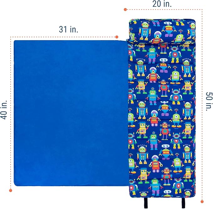 Wildkin Kids Original Nap Mat – Cozy Kids Sleep Mat with Pillow, Ideal for School & Travel - Robots