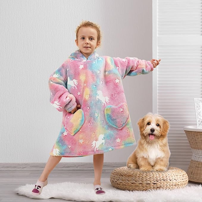 Fiosnow Glow in the Dark Horse Blanket Hoodies for Kids Toddler 2-6YR Oversize Wearable Blanket Hoodies for Boys Girls