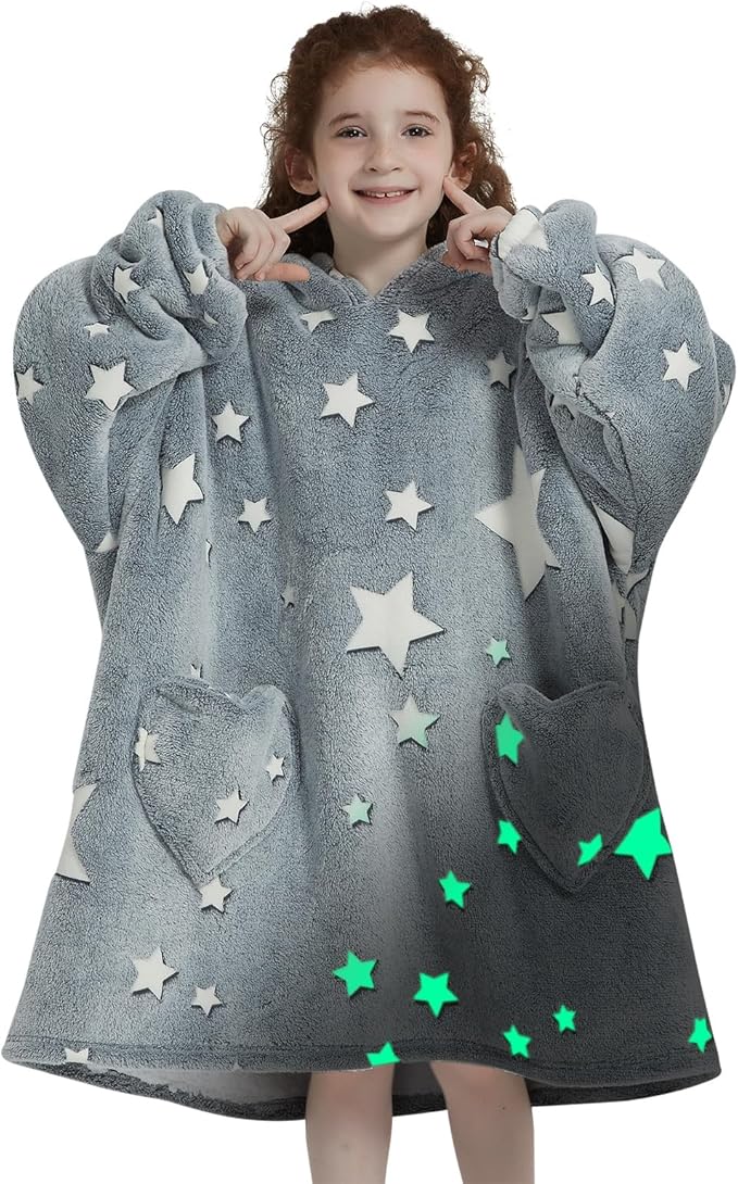 Fiosnow Glow in the Dark Star Blanket Hoodies for Kids 6-13YR Oversize Wearable Blanket Hoodies for Boys Girls Teens