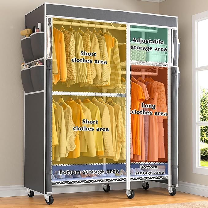Raybee Clothes Rack with Cover Clothing Racks for Hanging Clothes Heavy Duty Portable Closet with Wheels，Rolling Garment Rack for Bedroom,White