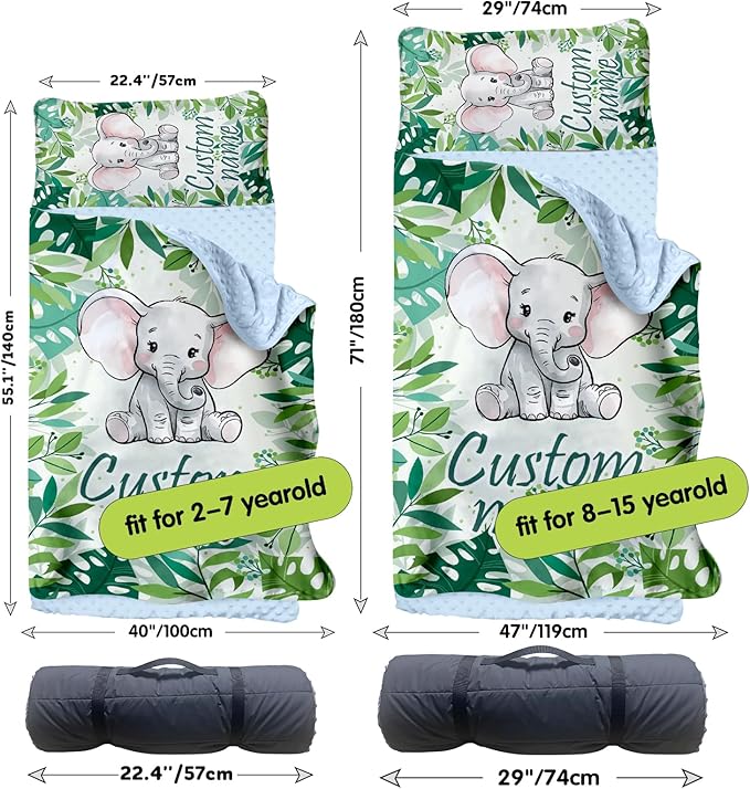 Personalized Toddler Nap Mats for Preschool, Custom Name Kids Sleeping Bag for Daycare, Roll Up Sleeping Mat with Removable Pillow and Soft Dot Minky Blanke for Boys Camping Travel