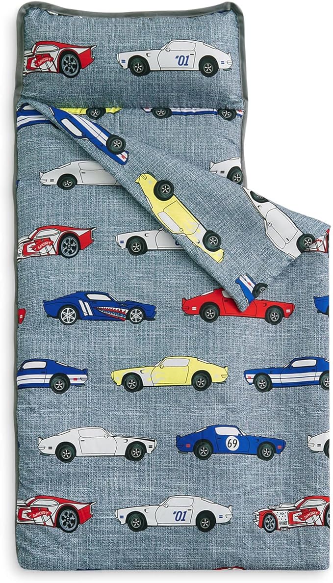 Wake In Cloud - Toddler Nap Mat with Pillow and Blanket, for Kids Boys Ages 3 Plus in Kindergarten Daycare Preschool, Roll Up Sleeping Bag, Race Cars Vehicles