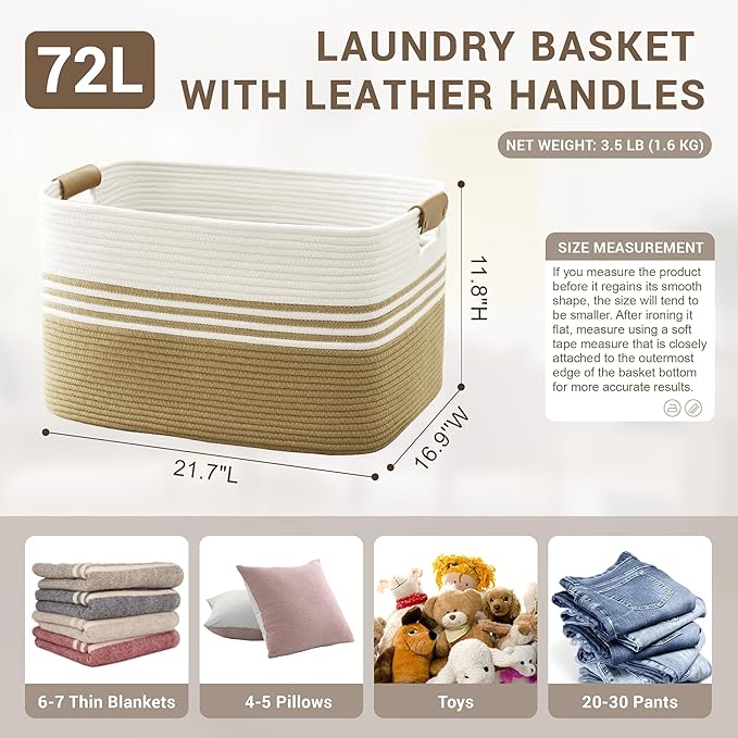 72L Large Laundry Basket with Leather Handles for Living Room Storage, Woven Rope Baskets Bin for Blanket, Kids Toy, Gifts, Wicker Hamper for Bedroom Dirty Clothes, 22"x17"x12" Khaki