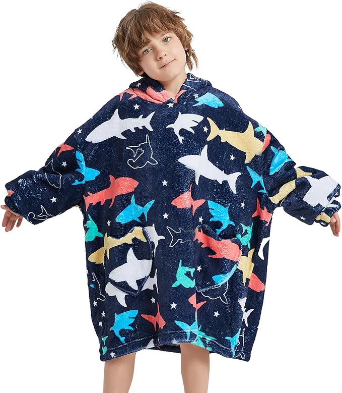 Fiosnow Shark Blanket Hoodies for Kids 6-13YR Oversize Wearable Blanket Hoodies for Boys Girls Teens