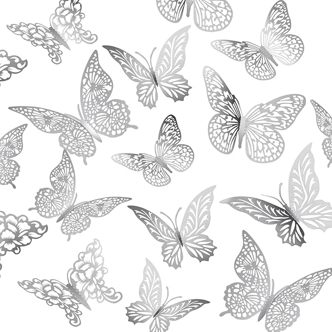3D Gold Butterfly Wall Decor 3 Sizes 4 Styles Butterfly Party Decorations Cake Decorations Removable Stickers Wall Decor Room Mural Metallic Kids (Silver, 96Pcs)