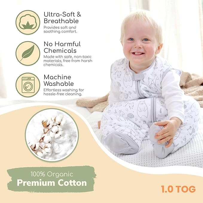 Mama Cheetah Toddler Sleep Sack with Feet 3T - 4T, 1.0 TOG Organic Cotton Baby Sleeping Bag with Legs, Baby Wearable Blankets for Walkers w/ 2-Way Zipper, Sleep Sack for Girls & Boys, Early Walker
