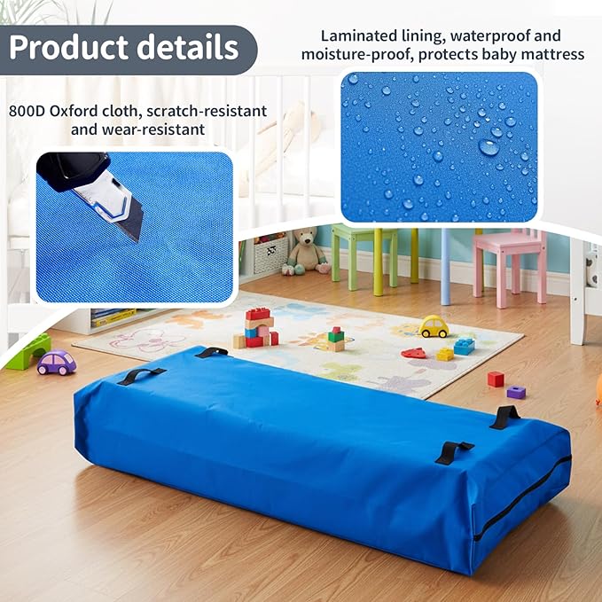 1 Pcs Oxford Cloth Waterproof Crib Mattress Storage Bag with Zipper and 8 Reinforced Handles Heavy Duty Reusable Crib Mattress Cover for Storage, 52.5 x 28 x 6.5 Inches (Blue)