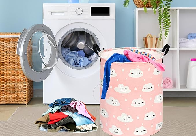 KUNRO Round Laundry Basket Hamper Kids Toys and Clothes Storage Basket Children Gift Basket Baby Toy Organizer Bins for Room Decor (Smile)