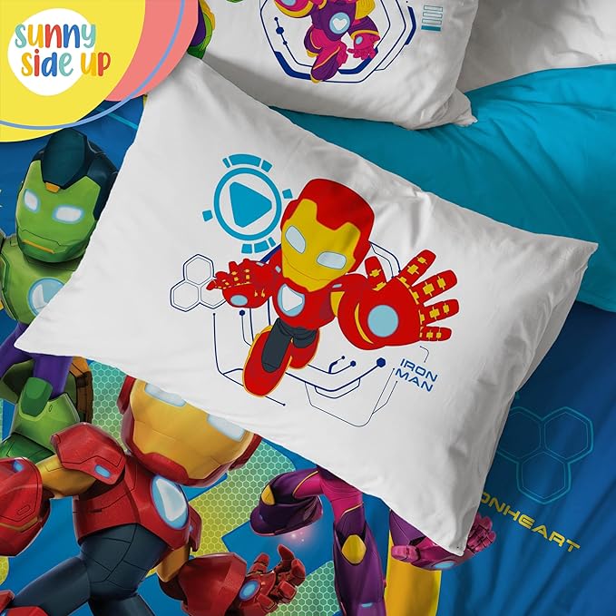 Sunny Side Up Kids Comforter Set Includes Sheets and Pillow Covers - Soft and Cozy Bed Set for Stylish Room Decor, Blue - Iron Man and His Awesome Friends, 4 Piece Toddler Bed Frame Size Bedding