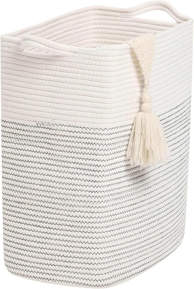 Tall Laundry Basket With Handles,Woven Cotton Rope Big Laundry Hamper Sorters,Versatile Storage for Dirty Clothes,Baby Toys,and Blankets in Bathroom, Nursery,and Living Room (White/Black Line, 50L)