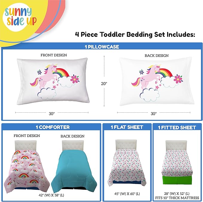 Sunny Side Up Rainbow Unicorns Toddler Comforter Set - 4 Piece Preschool Bedding Includes Comforter, Sheets & Pillow Cover - Super Soft Pink Floral Microfiber Bed Set