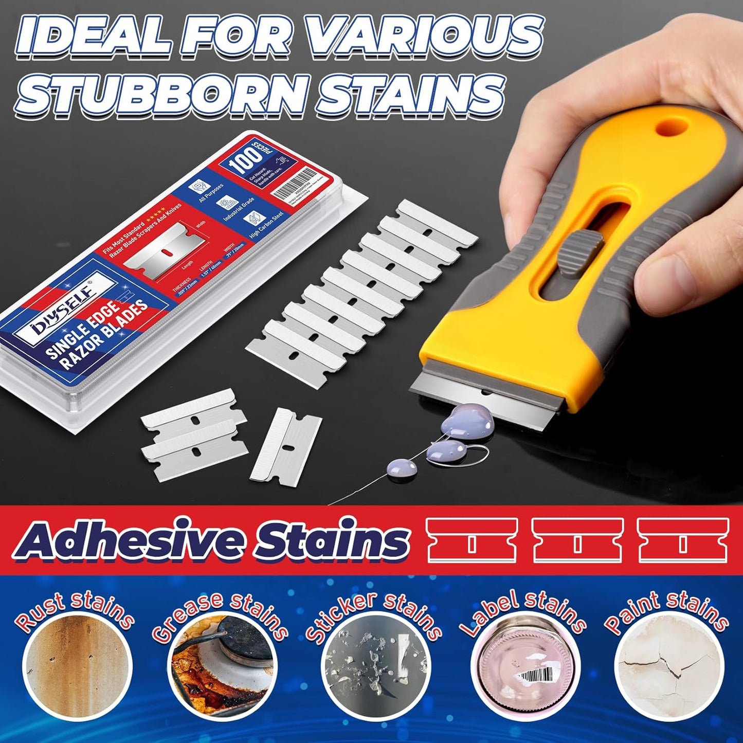 DIYSELF Single Edge Razor Blades, 100 Blades, Razor Blades Refiils for Razor Scraper, Utility Knife, Heavy Duty One Edge Blades, High Carbon Steel Blade for Removing Decals, Stickers