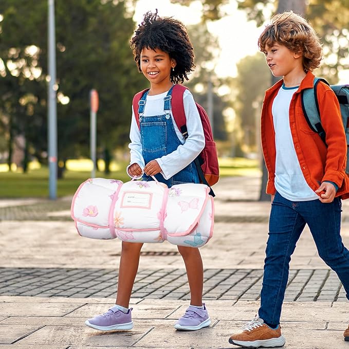 Primlect Thickened Toddler Nap Mat with Removable Pillow and Minky Blanket, Extra Large 55''x35'' Sleeping Bag, Washable, Roll up, Perfect for Daycare, Preschool, Kindergarten, Girls Butterfly