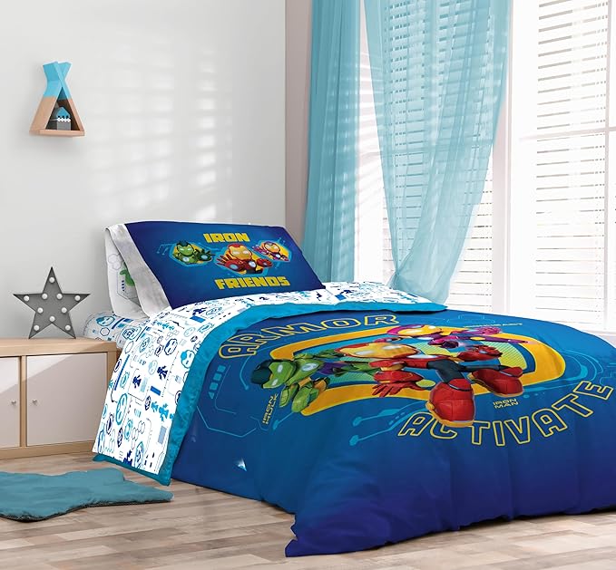 Sunny Side Up Kids Comforter Set Includes Sheets and Pillow Covers - Soft and Cozy Bed Set for Stylish Room Decor, Blue - Iron Man and His Awesome Friends, 5 Piece Twin Size Bedding