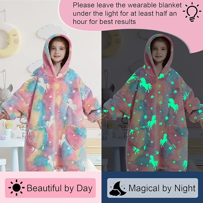 Fiosnow Glow in the Dark Unicorn Blanket Hoodies for Kids 6-13YR Oversize Wearable Blanket Hoodies for Boys Girls Teens