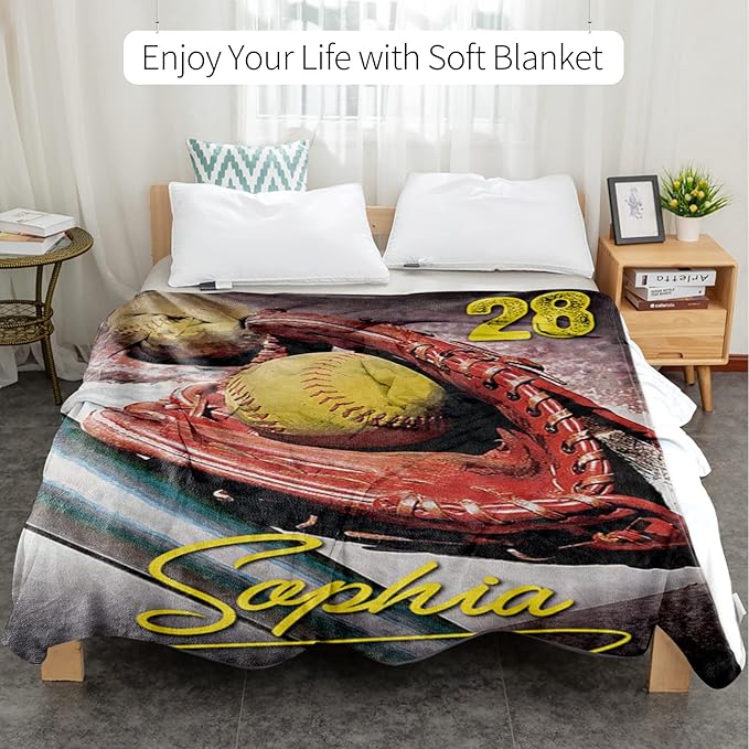 Baby Kids Personalized Baseball Blanket - Custom Name and Number - Soft Warm and Fluffy Flannel Fabric Gift for Sports Lovers 50x60inch