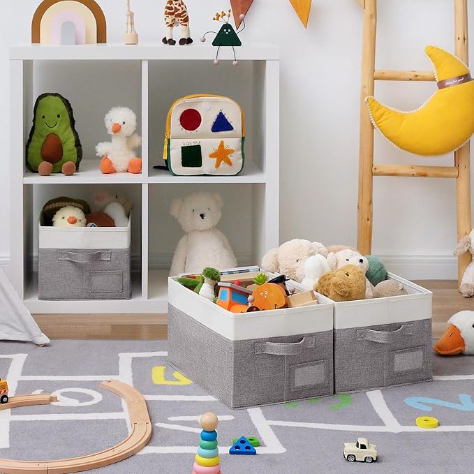 GRANNY SAYS Fabric Storage Bins, Closet Storage Bins for Clothes, Shelf Storage Baskets with Handles, Collapsible Storage Boxes, Decorative Storage Containers, Gray and White, Large, 3-Pack