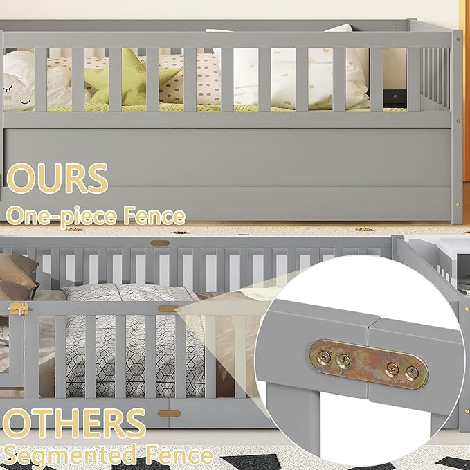 Twin Size Floor Bed with High Fence, Door and Slats, Twin Floor Bed with Slats(Gray Twin)