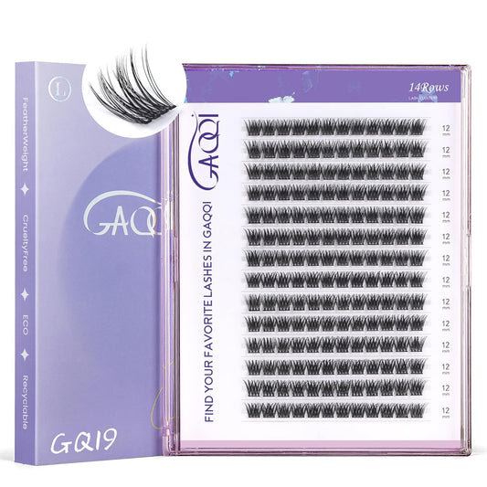 GAQQI Lash Clusters, GQ19 Individual Lashes 168pcs C Curl, DIY Lash Extension 12mm Length Only False Eyelash Clusters, Natural & Wispy Lash Wisps (GQ19,C Curl,12mm)