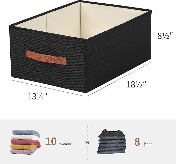 linen closet organizers and storage, 3 Pack Large Storage Baskets, Washable, Clothing Storage Bins with Handle, Closet Organizer for Storage Sweater,Sheets (Black, 18½"x13½"x8½")