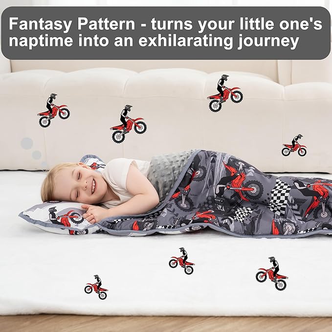 Viviland Toddler Nap Mat with Pillow and Minky Dot Blanket, Rolled Large Sleeping Mat for Boys, Kids Slumber Bag/Nap Mat for Preschool, Daycare, Kindergarten, Travel Camping - Cool Motocycle