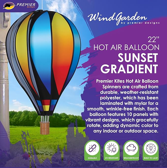 Hot Air Balloon Hanging Garden Spinner 22" - Vibrant Sunset Gradient Design, Weather-Resistant Outdoor Decor, Durable & Lightweight for Patios, Yards, and Gardens - Eye-Catching Wind Spinner