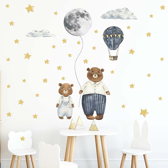 Papa & Baby Bear Wall Decals - Peel and Stick Bears Hot Air Balloon Stars Moon Clouds Wall Stickers, Decor for Baby Nursery, Toddler & Kids Bedroom Walls (Bears)