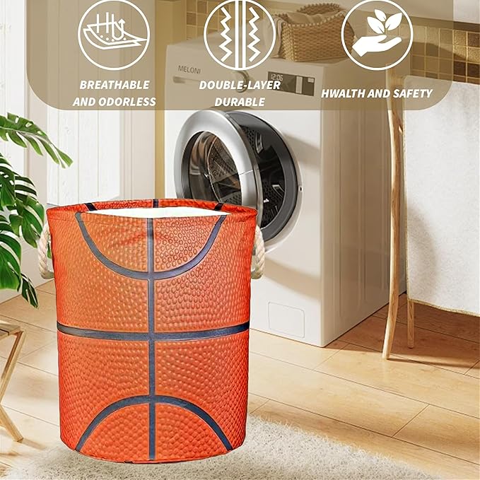 Basketball Laundry Basket Gifts for Boys, Boys' Room Decor Kids Nursery Hamper for Sports Room Basketball Decor 17.7x13.7 Inch