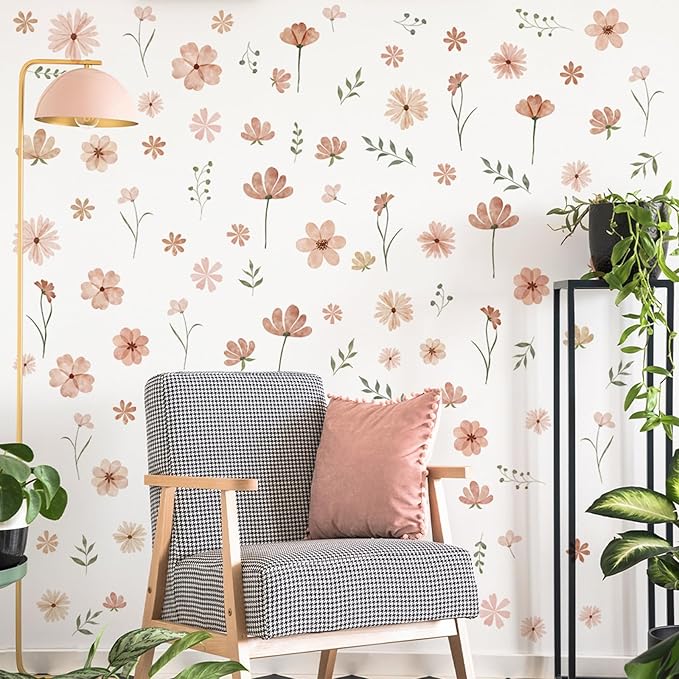 Boho Flower Wall Decals, Daisy Wildflower Wall Stickers Leaf Floral Decor for Girls Bedroom Baby Nursery Kids Room Decor