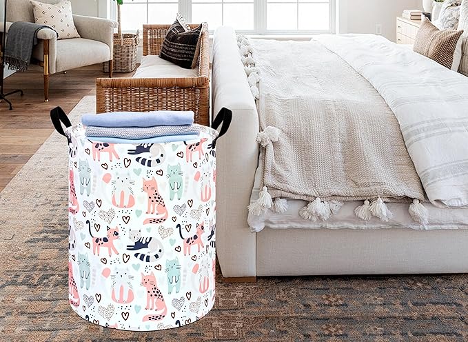KUNRO Round Cat Laundry Gift Basket Storage Hamper, Kids Toys and Clothes Storage Organizer Bins, Toy Shelf Basket with Handles for Room Decor