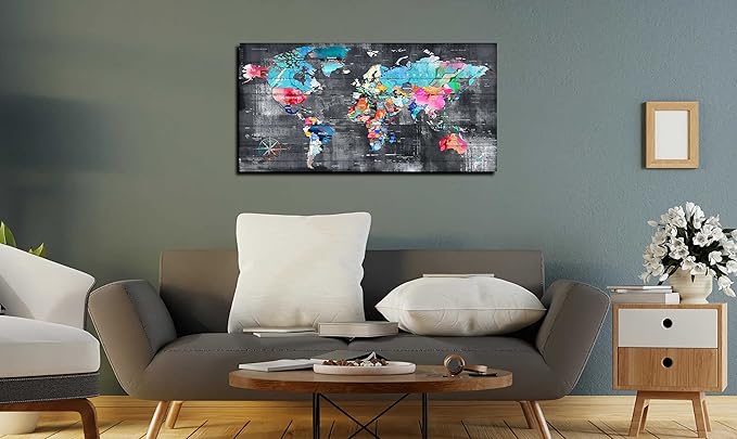 ZHAOSHOP Teal Bedroom Wall-Art - World Map Wall Decor - World Maps For Wall Ready To Hang Size 40" x 20"
