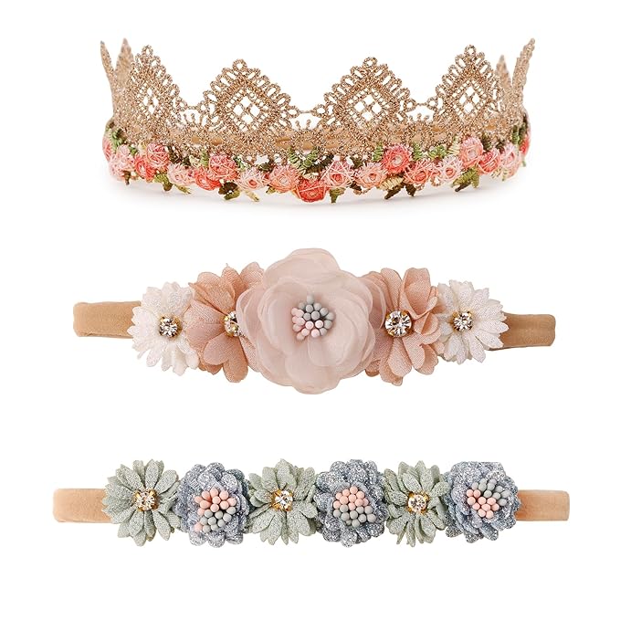cherrboll 3pcs Baby Girl Headbands Flowers, Super Soft & Stretchy Nylon Floral Hairbands for Newborn Toddler
