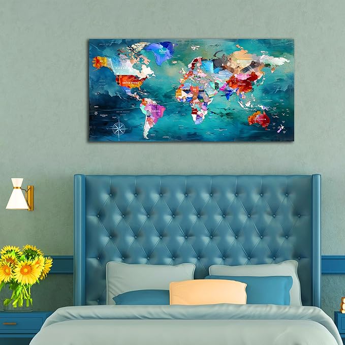 ZHAOSHOP World Map Canvas Wall Art for Living Room - Teal Wall Decor - Office Artwork Wall Decor Ready to Hang Size 29" x 59"