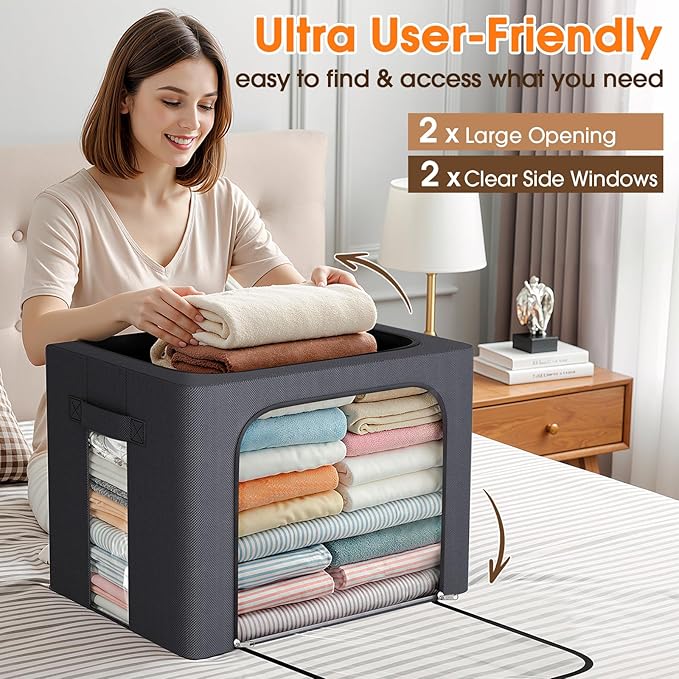 4 Pack Clothes Storage Bins with Metal Frame, 40L Foldable Fabric Storage Boxes with Clear Window, Front & Top Zipper Openings, Stackable Organizer Bins with Handles for Closet & Bedroom (Light Grey)