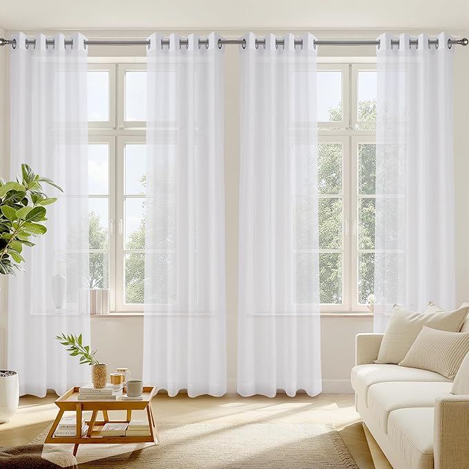 RYB HOME Sheer Curtains Panels Bedroom Window, Grommet Solid White Voile Drapes for Living Room Kitchen Home Office, Privacy Sheer Light & Airy, Wide 54 inch x Long 63 inch per Panel, 4 Pcs