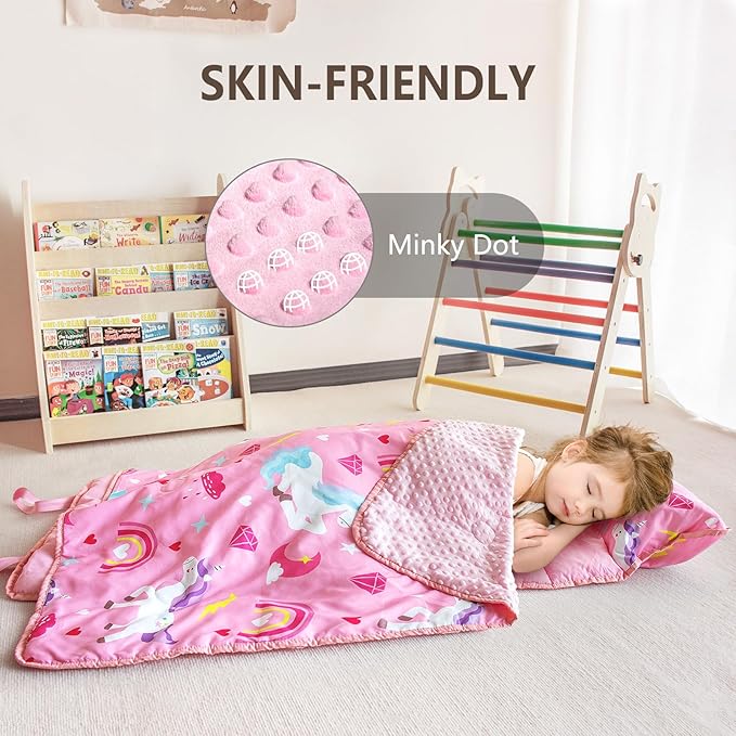Primlect Toddler Nap Mat with Removable Pillow and Fleece Blanket, Extra Large 55''x35'' Sleeping Bag, Washable, Light, Easy to Roll up, Perfect for Daycare, Preschool, Kindergarten, Travel