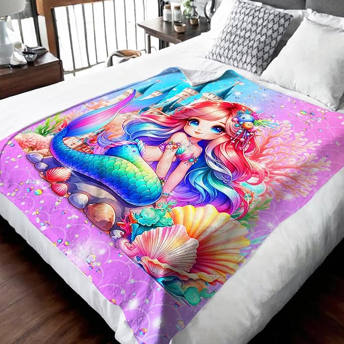 Mermaid Blanket for Girls 4-6, Throw for Toddlers Kid Teens 40x50 Inches Soft Cozy Throw Blankets for Mermaid Lovers Daughter Sofa Couch Bed Trip