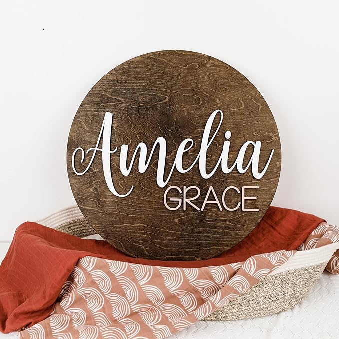 Custom Round Nursery Name Sign, Personalized Wooden Wall Plaque, 12" 18" 24", 30" 3D Wall Art for Children & Kids Rooms, Baby Shower, Hickory Hollow Designs (Amelia Grace)