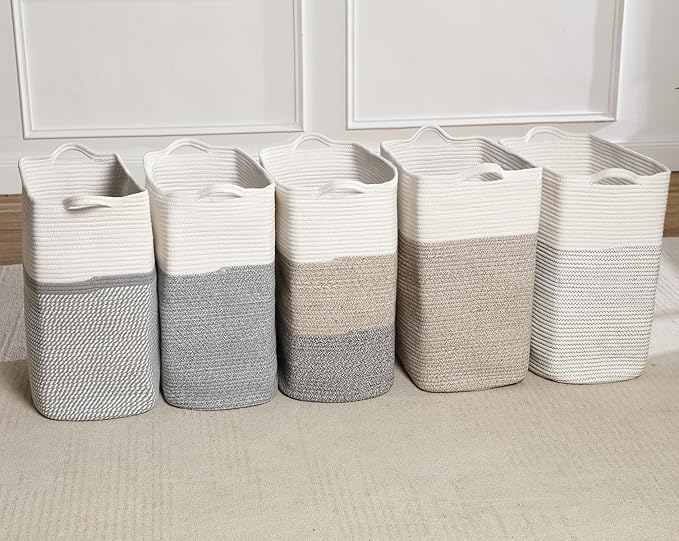 Tall Laundry Basket With Handles,Woven Cotton Rope Big Laundry Hamper Sorters,Versatile Storage for Dirty Clothes,Baby Toys,and Blankets in Bathroom, Nursery,and Living Room (White/Gray, 80L)