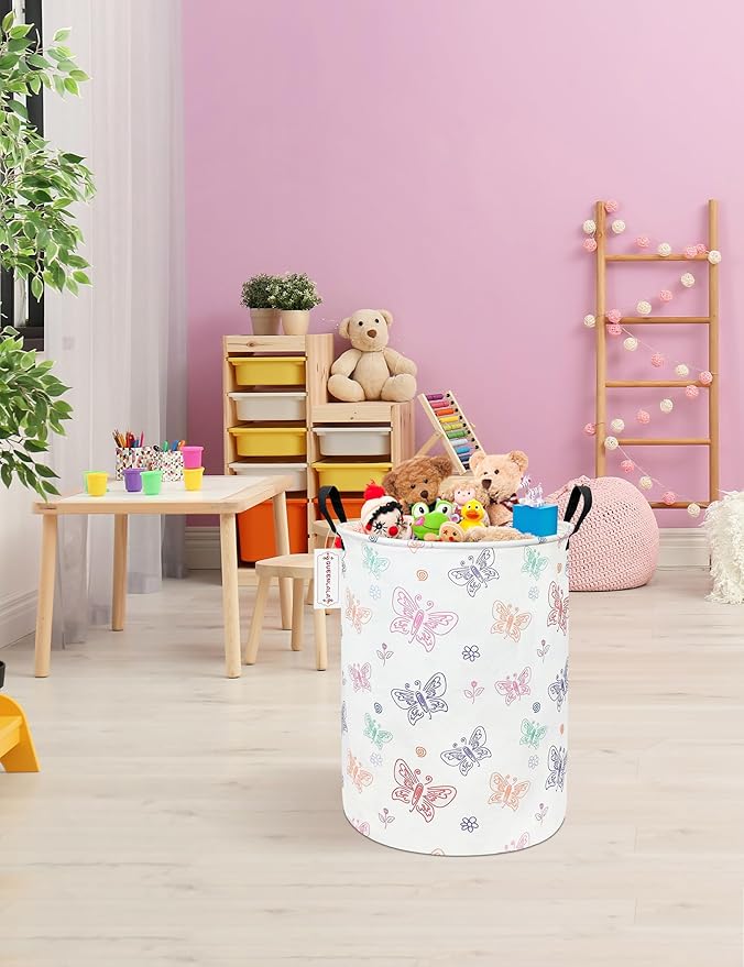 QUEENLALA Large Storage Basket,Laundry Hamper/Bathroom/Home Decor/Collapsible Round Storage Bin,Boys and Girls Hamper/Boxes/Clothing（Round-Colorful Butterfly）