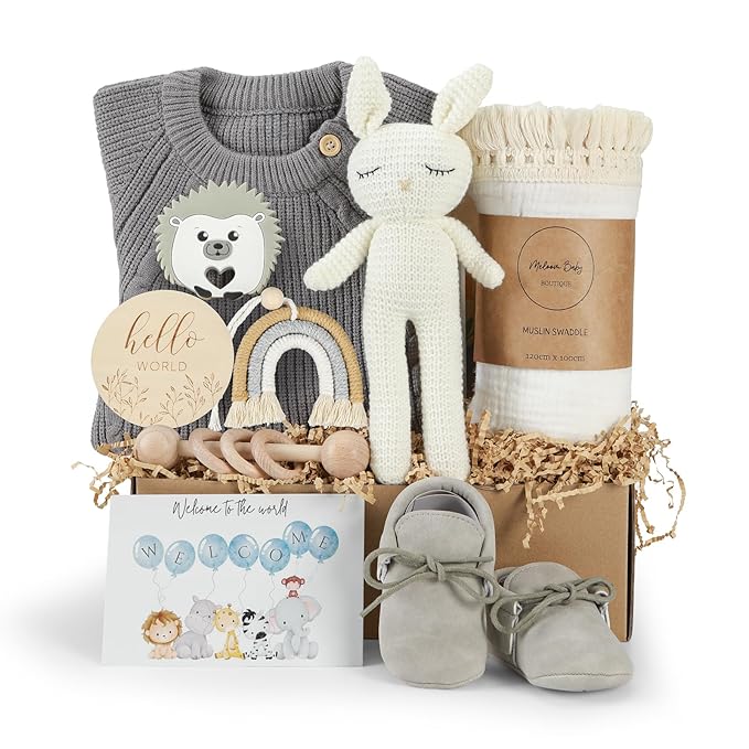 meloom Baby Gift Set, Baby Boy Newborn Gifts Box, Boho Gender Neutral Unisex Baby Essentials, Baby Shower Gifts for New Moms, New Baby Gifts for Boys, Personalized Gift Basket for New Babies