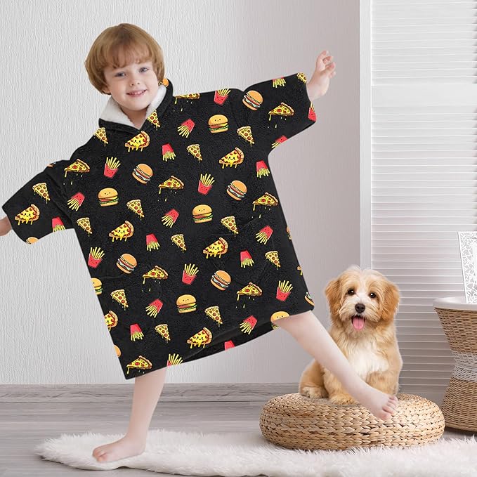 Fiosnow Pizza and Chips Blanket Hoodies for Kids Toddler 2-6YR Oversize Wearable Blanket Hoodies for Boys Girls Teens