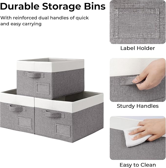 GRANNY SAYS Fabric Storage Bins, Closet Storage Bins for Clothes, Shelf Storage Baskets with Handles, Collapsible Storage Boxes, Decorative Storage Containers, Gray and White, Large, 3-Pack