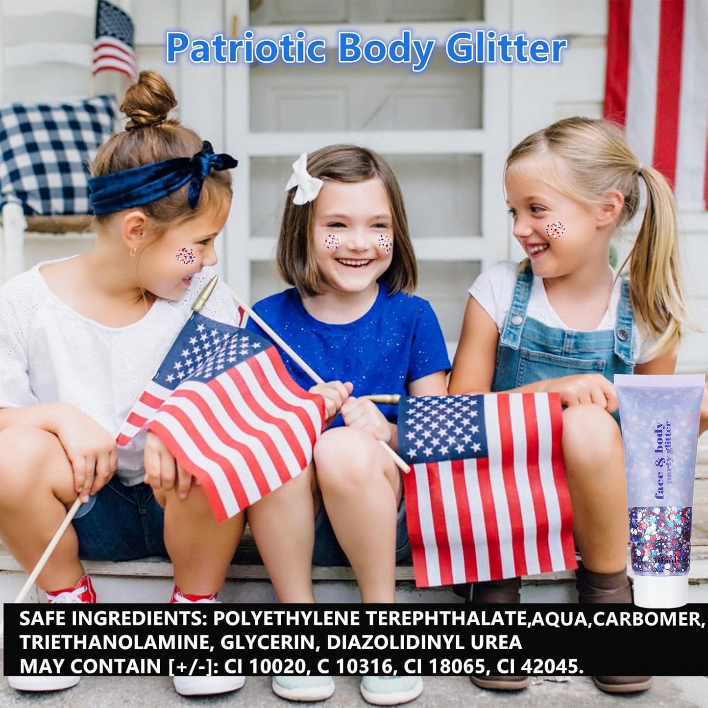 Go Ho Red White and Blue Body Glitter,Patriotic Pride Face Glitter Gel,4th of July Outfits for Women Reflective Glitters Makeup,Holographic Long Lasting Chunky Sequins,Fourth of July USA Accessories